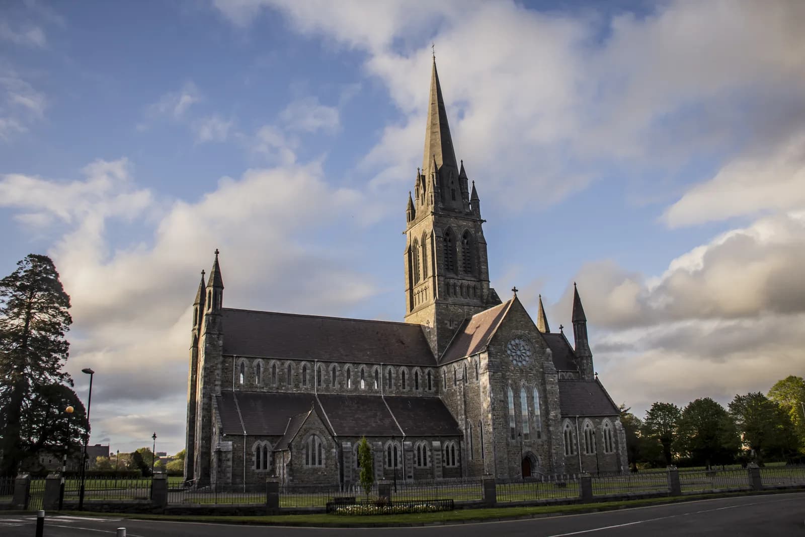 St Mary's Cathedral, Killarney, the 19th-century Pugin-designed Gothic Revival cathedral, its spire rising above the town