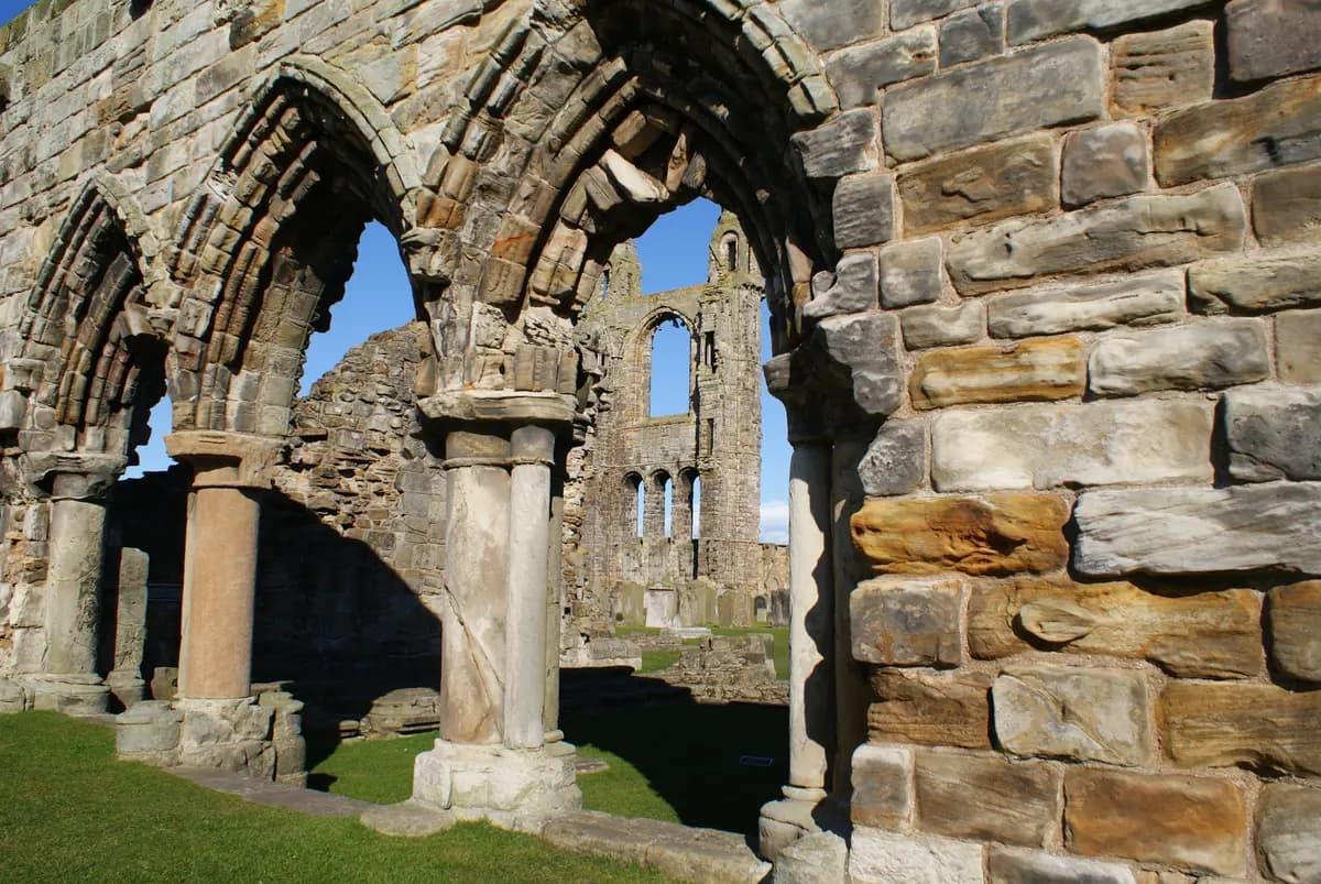 St Andrews Cathedral ruins and St Rule's Tower against the Fife coast